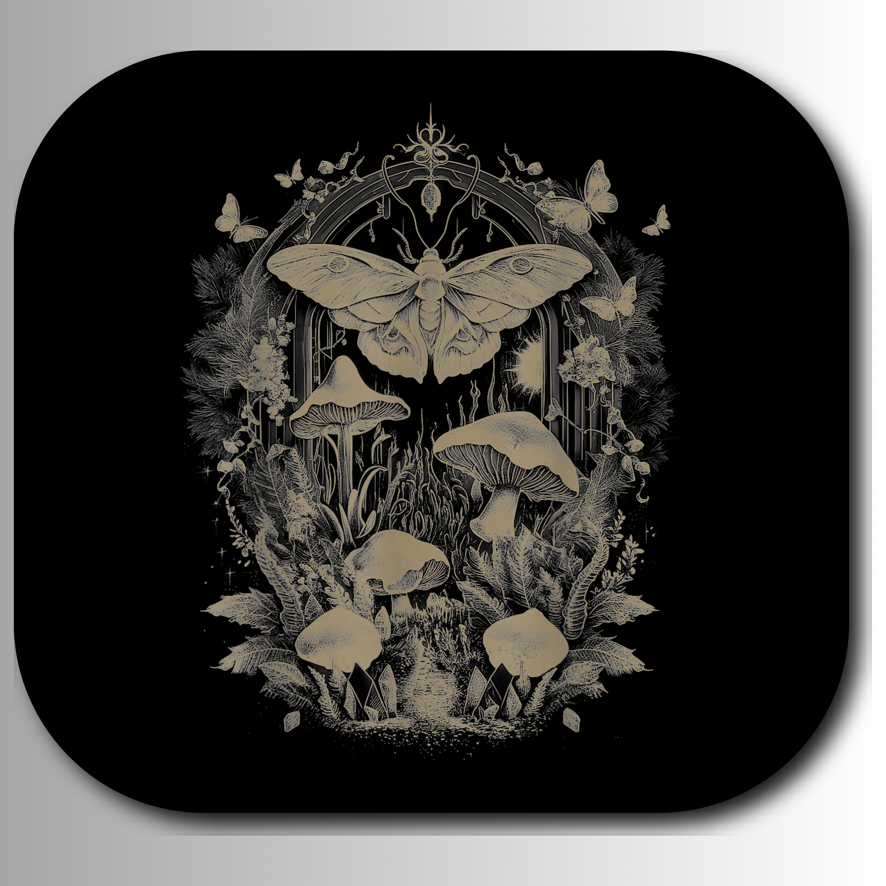 Decorative coaster with a moth and mushroom design on a black background