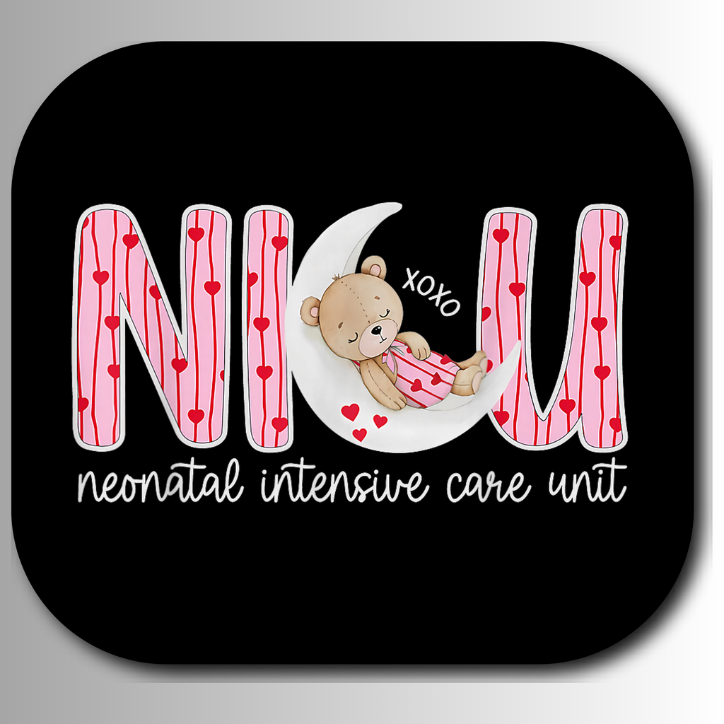 Logo with teddy bear, moon, and text 'NICU neonatal intensive care unit' on a black background