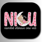 Logo with teddy bear, moon, and text 'NICU neonatal intensive care unit' on a black background