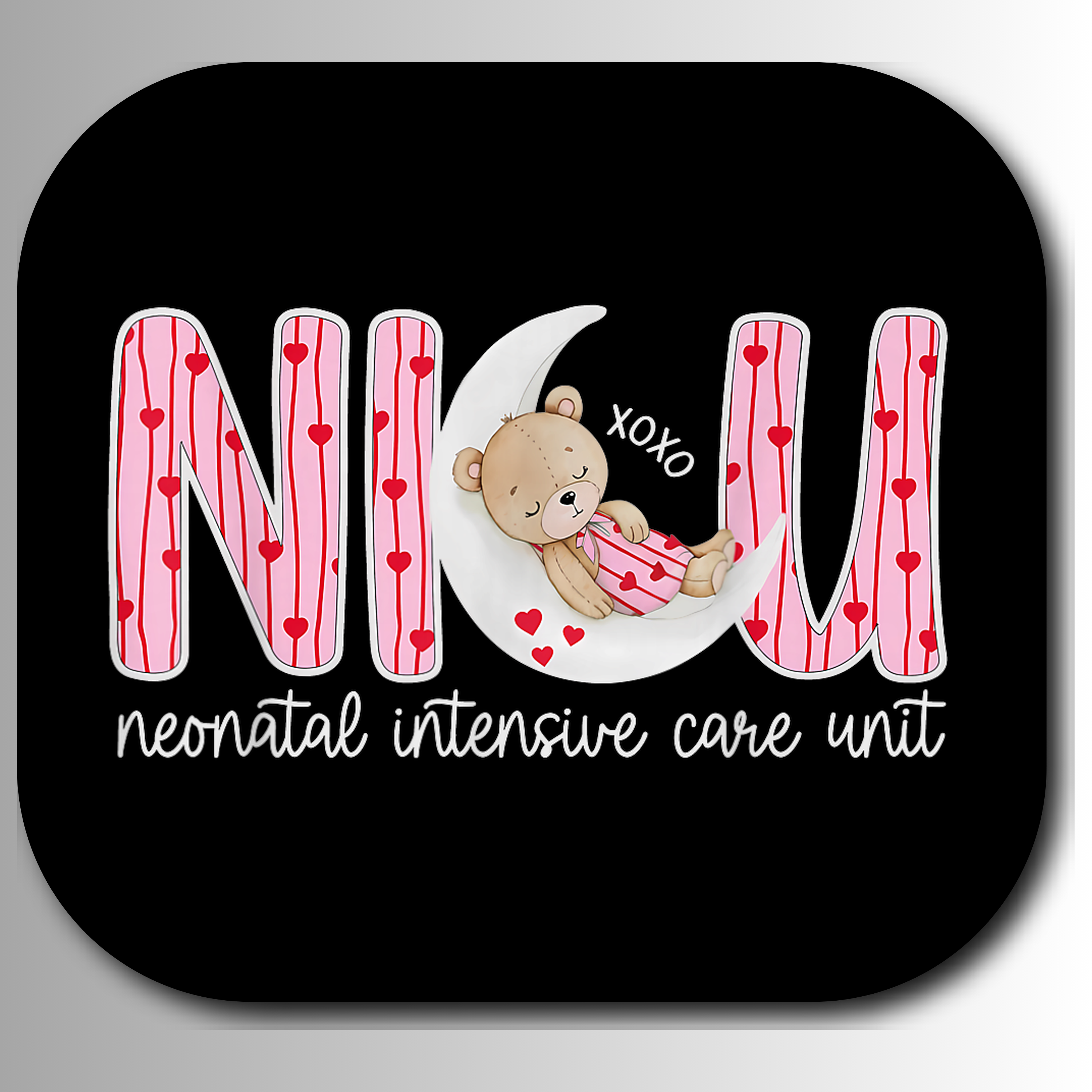Logo with teddy bear, moon, and text 'NICU neonatal intensive care unit' on a black background