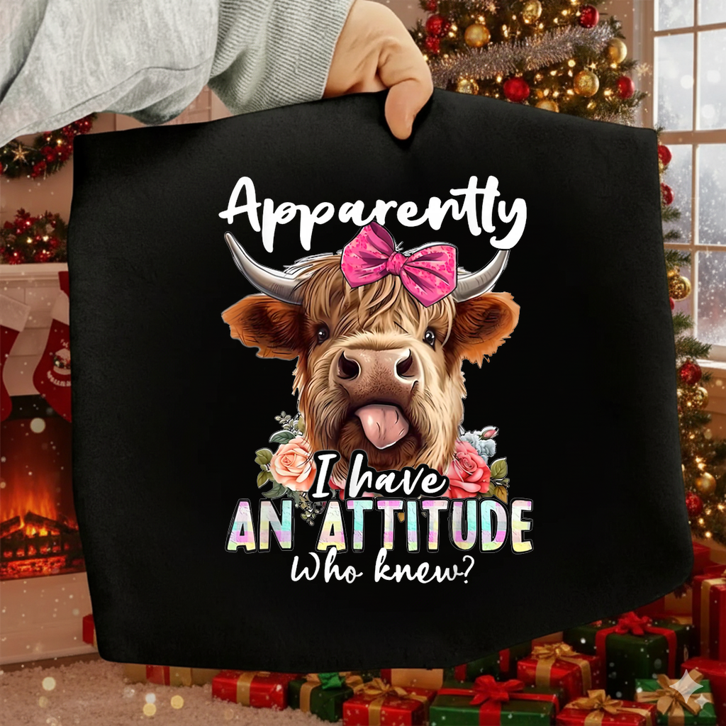 Black tote bag with a cow graphic and text in front of a decorated Christmas tree.