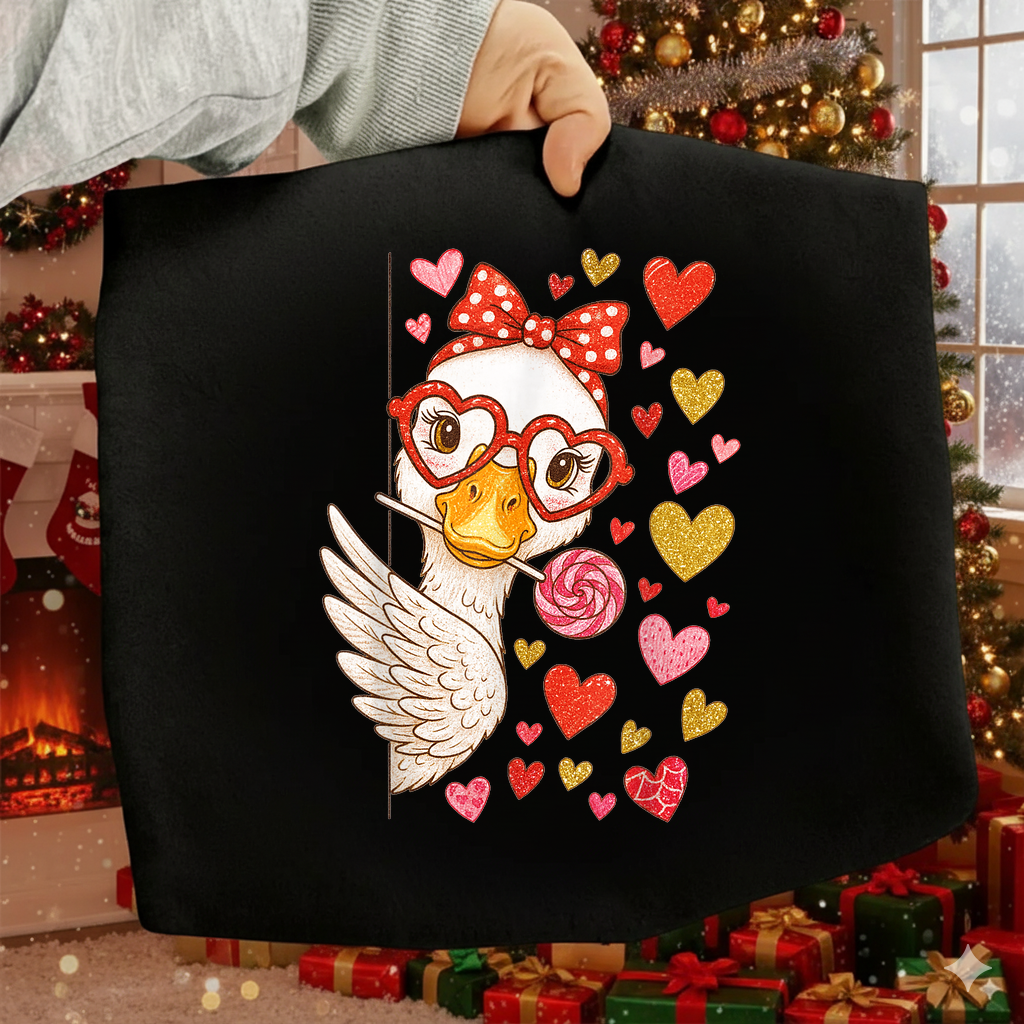 Black tote bag with a cartoon duck wearing glasses and surrounded by hearts, held in front of a decorated Christmas tree.
